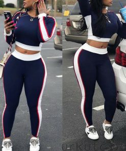 Casual Women Sports Set Long Sleeve Crop Top Pants Outfit Workout Gym Fitness Athletic Workout Clothes Tracksuit