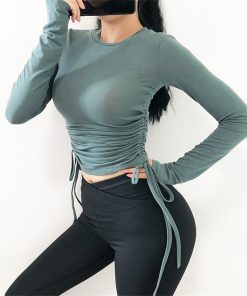 Drawstring Sport Top For Women Gym Skinny Quick Dry Athletic Fitness Clothing Long Sleeve Sports T-Shirts Army Green Yoga Shirts