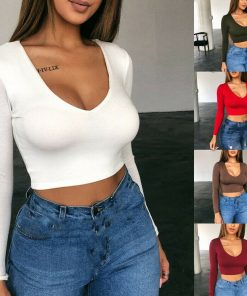 Fashion Women Sexy Deep V-neck Casual Slim Fit Crop Tank Tops Off Shoulder Long Sleeve Workout Fitness Athletic Sports Gym Vest