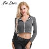 Hotsale נשים בנות מזדמנים סווטשירט ארוך שרוול מלא Zip עד שרוך סלעית קצר סווטשירט ספורט נמתח רך יבול למעלה