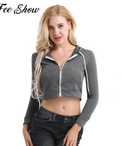 Hotsale נשים בנות מזדמנים סווטשירט ארוך שרוול מלא Zip עד שרוך סלעית קצר סווטשירט ספורט נמתח רך יבול למעלה