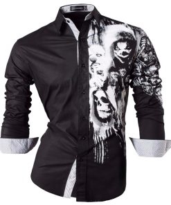 Sportrendy Men Shirts Dress Casual Fashion Long Sleeve Slim Fit Stylish Skull Print Tattoo JZS047