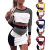 Sports Sexy Women Set Top+Skirt Set Block Women Long Sleeve Top Zipper One Set Workout Fitness Athletic Workout Cloths Tracksuit
