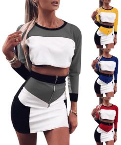 Sports Sexy Women Set Top+Skirt Set Block Women Long Sleeve Top Zipper One Set Workout Fitness Athletic Workout Cloths Tracksuit