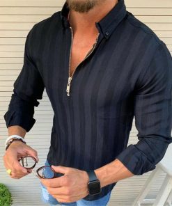 US Mens Stylish Casual Zipper Shirts Slim Fit Shirt Long Sleeve Muscle Solid Color Sports Tops M-XXL
