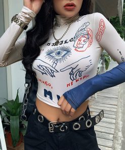 Women Athletic Thermal Printed Hip-hop T-Shirt Turtleneck  Bodycon Long Sleeve Crop Tees Pullovers Skinny Casual Femme Run Tops