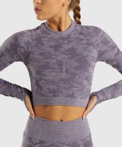 Women Camo Seamless Yoga Top Long Sleeve Thumb Holes Workout Camouflage Tops Women Fitness Gym Crop Top Athletic Gym Shirt