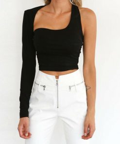 Women Gym Crop Top Long Sleeve T-Shirt Workout Athletic One Shoulder Fit One-Shoulder Casual Elegant Fashion Asymmetrical Tops
