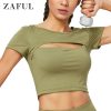 ZAFUL New Women Short Sleeve T Shirt Sports Keyhole Sporty Tee Slim Short T-Shirt Athletic Crop Tshirts Sexy Top Female